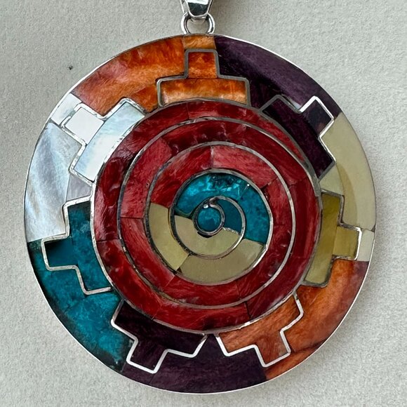 Peruvian 950 Sterling Silver Mosaic Pendant 2” | Turquoise Mother of Pearl Inlay - Picture 10 of 13